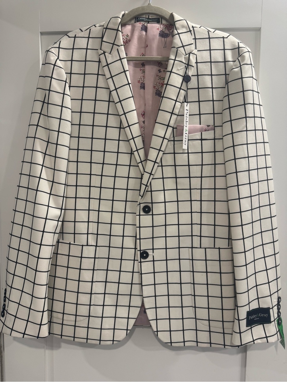 New Paisley & Gray White Windowpane Sport Coat with Black Grid